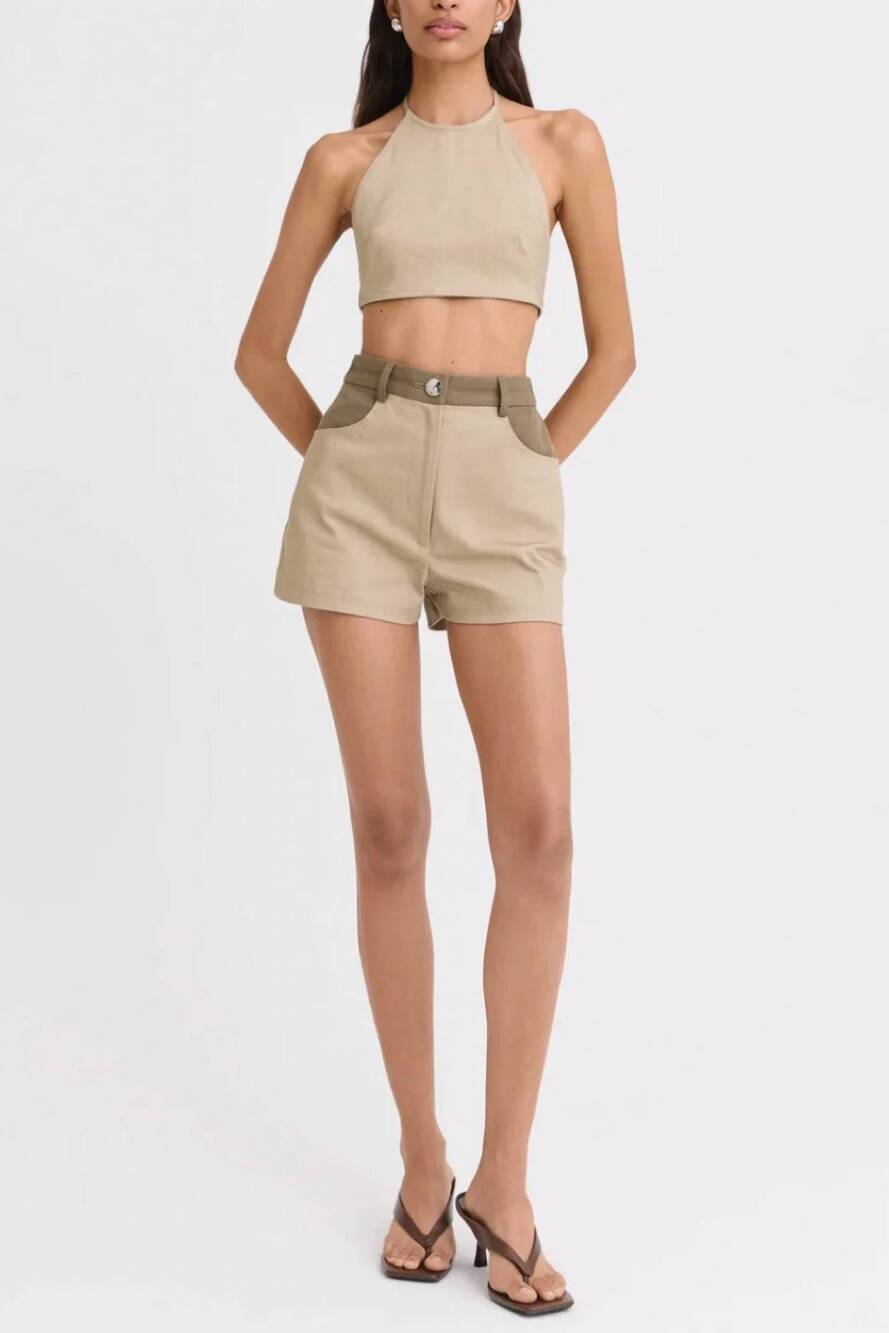 NEW MATTHEW BRUCH high-waist combo hot short in taupe denim